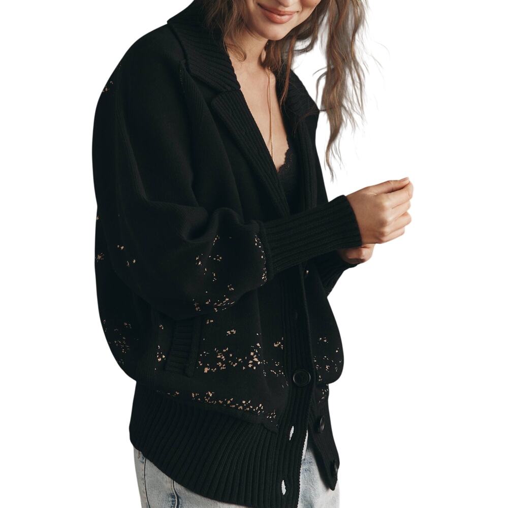 Anthropologie Collared V-Neck Butterfly Cardigan in Black & Gold Size Large New - Picture 3 of 9